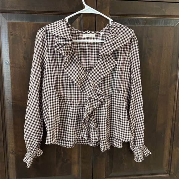 Doen Brown and White Gingham Ruffle Blouse - Picture 4 of 6